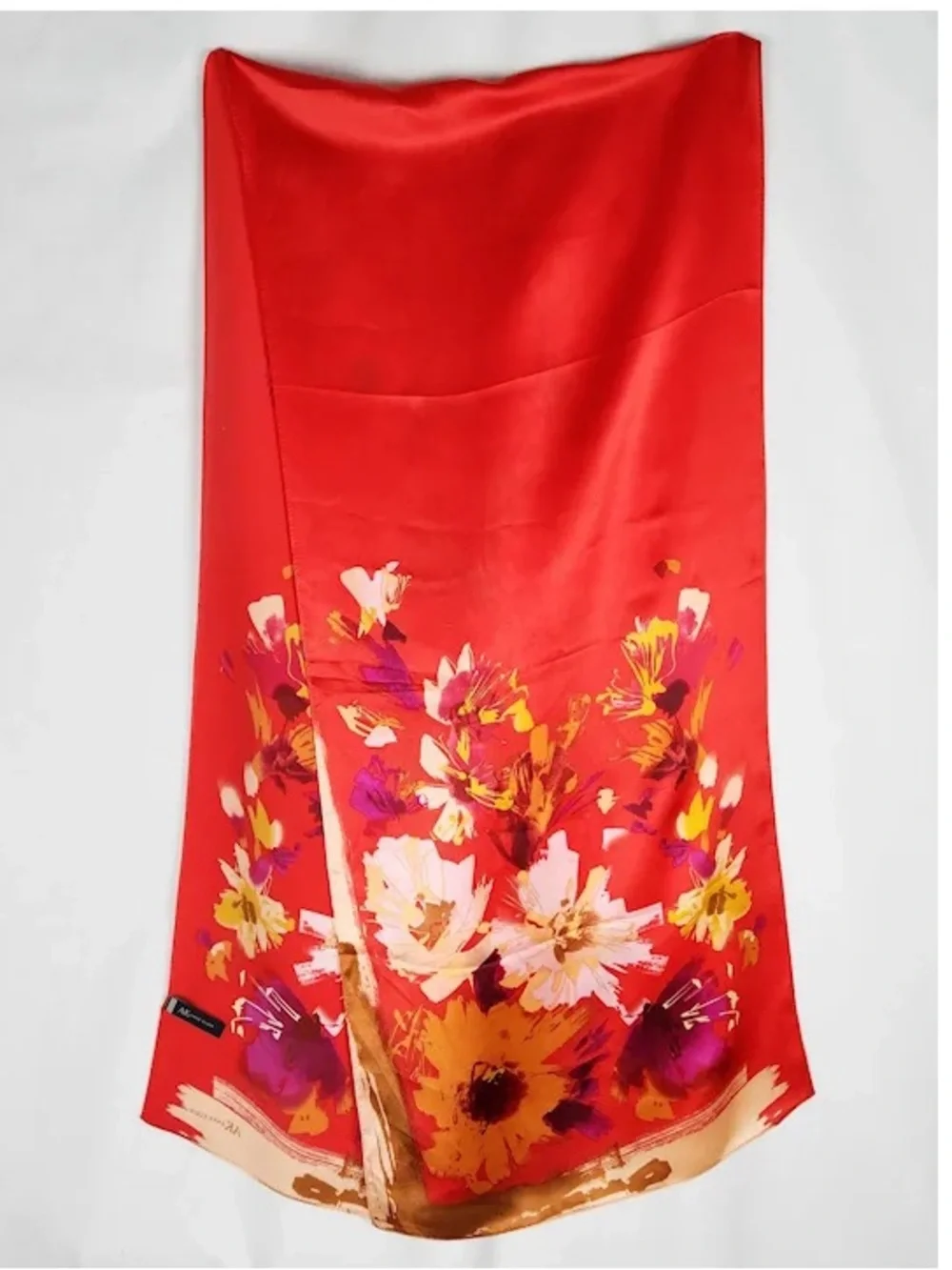 Vintage Anne Klein 100% Silk Scarf Brilliant Red Floral Print Long Rectangular